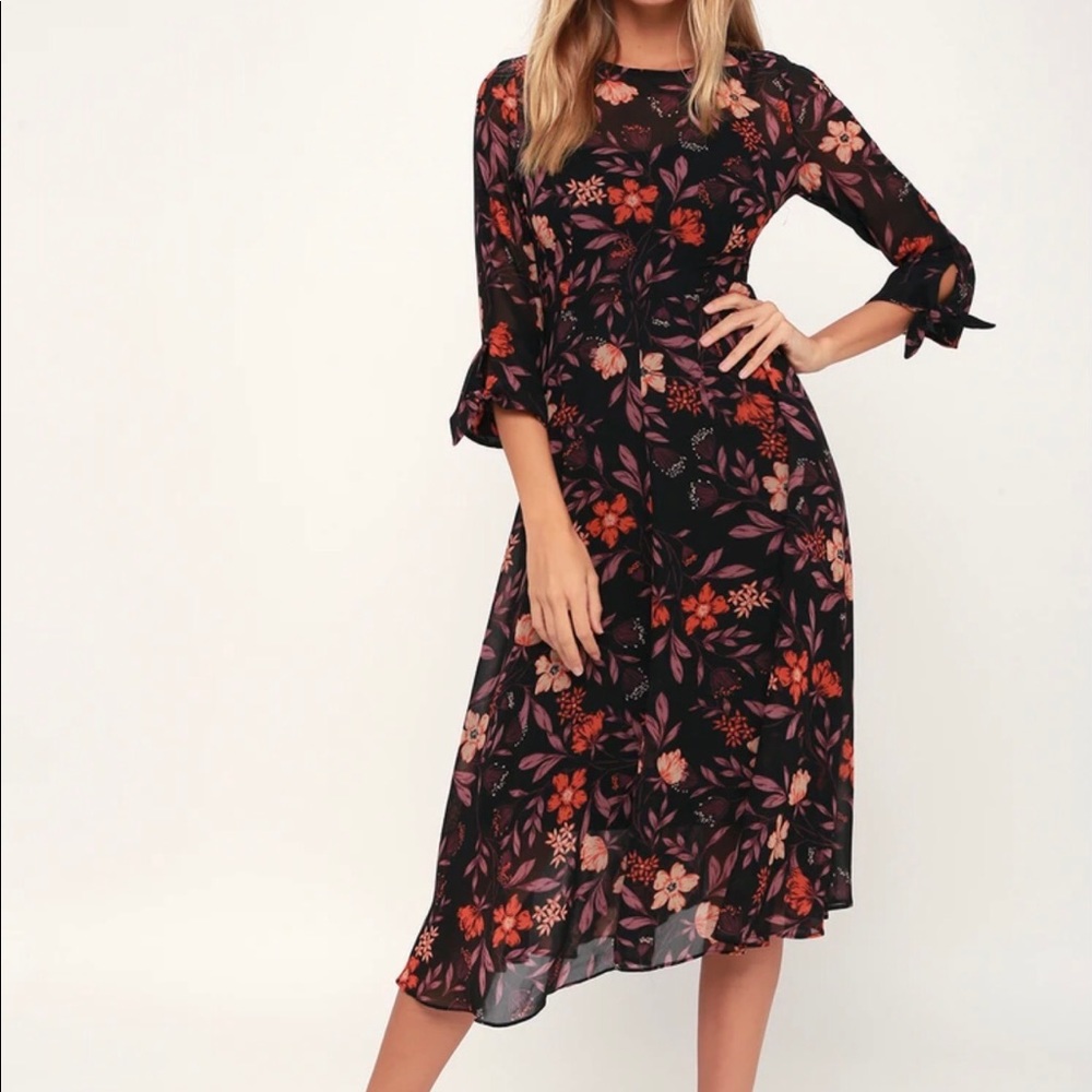 Passionate Love Black Floral Print Midi Dress